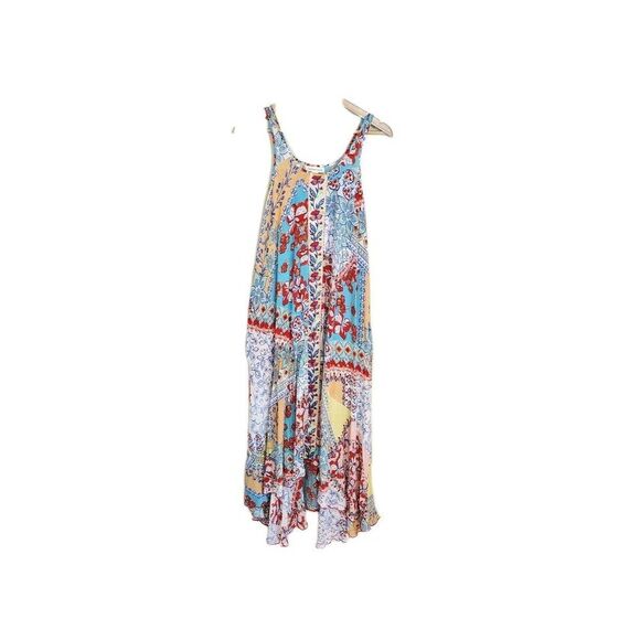 Coastal Boho Patchwork Floral Maxi Dress XS Sleeveless Flowy High Low Hem Resort - Picture 2 of 10
